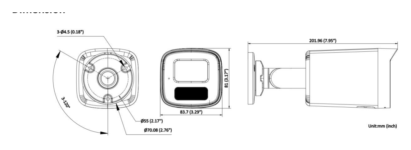 DS-2CD1T67G2H-LIUF 外形尺寸圖 81 mm × 83.7 mm × 201.96 mm (3.17" × 3.29" × 7.95")｜重量 Approx. 550 g (1.2 lb.)｜Unit: mm