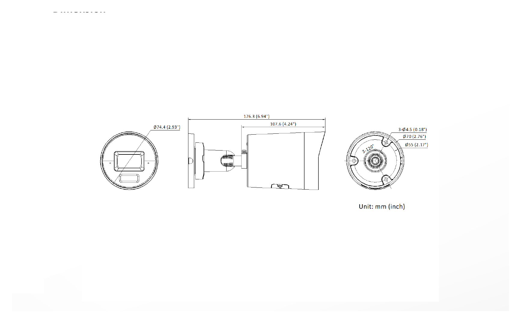 DS-2CD20126G3-IUY 外形尺寸圖 Ø 74.4 mm × 176.3 mm (Ø 2.93" × 6.94")｜重量 Approx. 530 g (1.2 lb.)｜Unit: mm