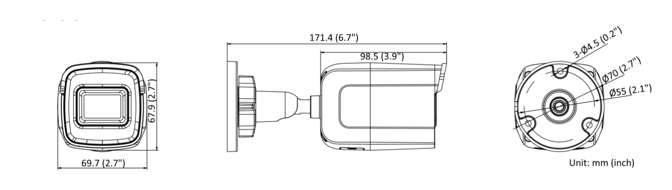 DS-2CD2021G1-I-C 外形尺寸圖 69.7 mm × 67.9 mm × 171.4 mm (2.7" × 2.7" × 6.7")｜重量 Approx. 350 g (0.8 lb.)｜Unit: mm