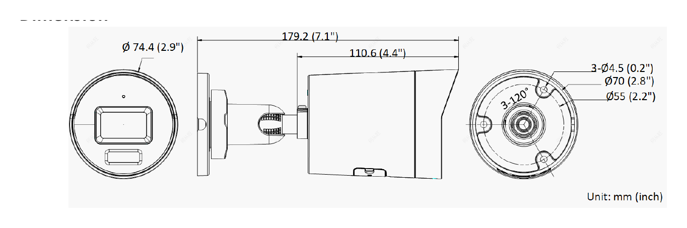 DS-2CD2023G2-IU-D 外形尺寸圖 Ø 74.4 mm × 179.2 mm (Ø 2.9" × 7.1")｜重量 Approx. 500 g (1.1 lb.)｜Unit: mm