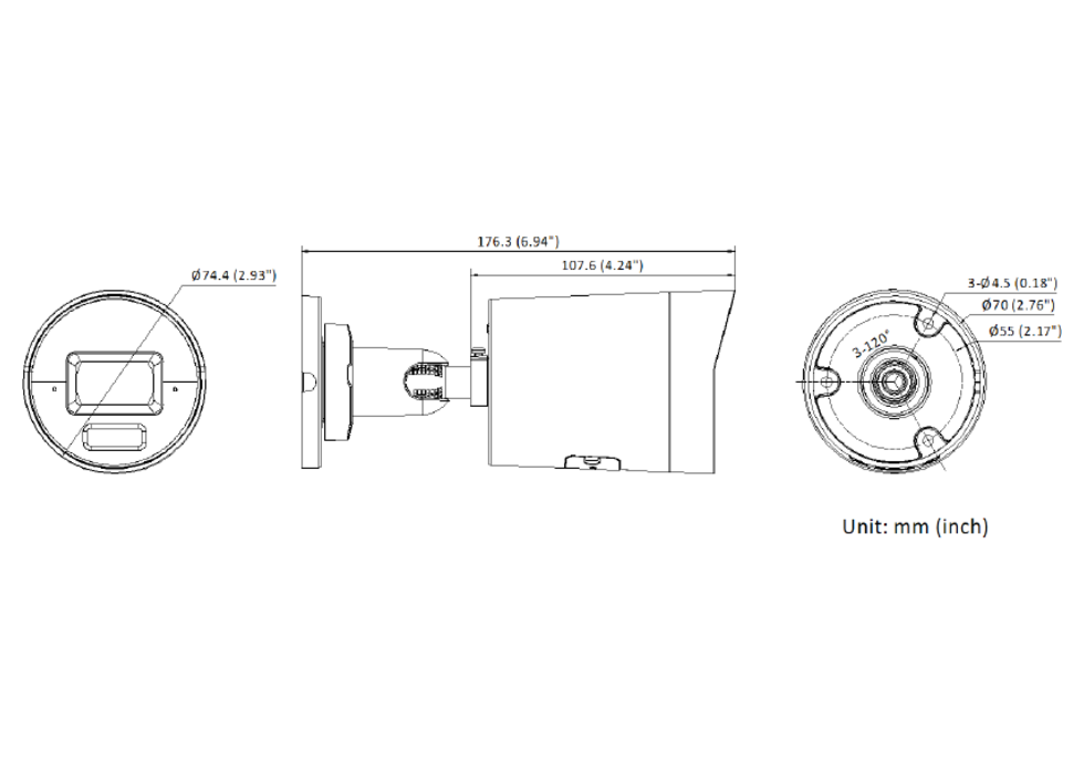 DS-2CD2023G2-LI 外形尺寸圖 Ø 74.4 mm × 176.3 mm (Ø 2.93" × 6.94")｜重量 Approx. 510 g (1.1 lb.)