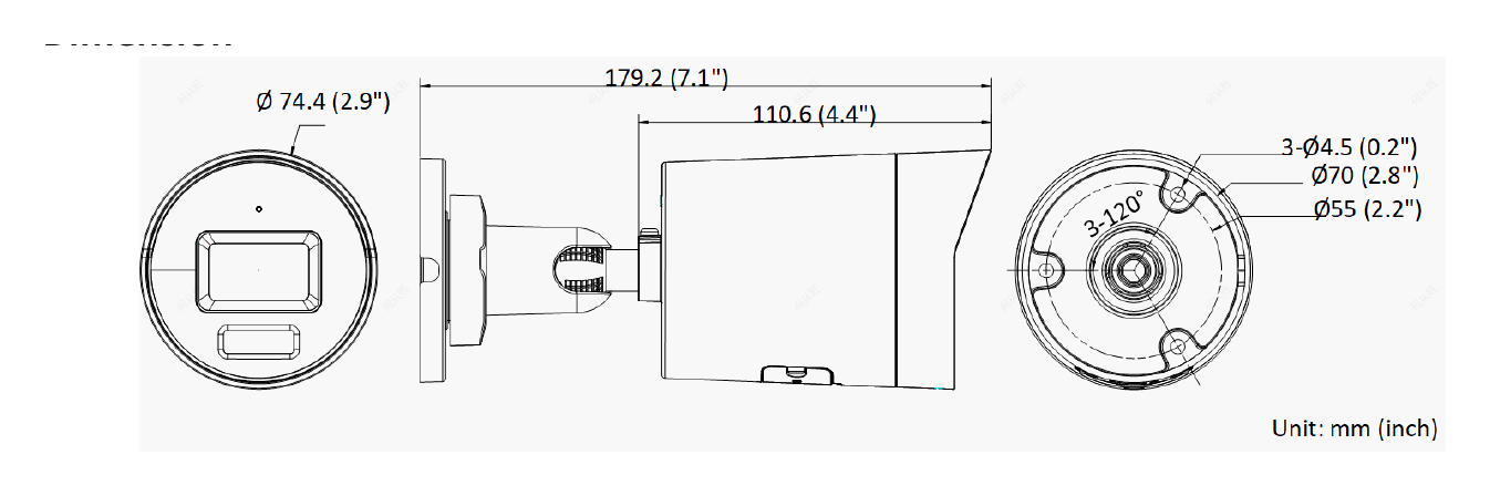 DS-2CD2026G2-IU-D 外形尺寸圖 Ø 74.4 mm × 179.2 mm (Ø 2.9" × 7.1")｜重量 Approx. 500 g (1.1 lb.)｜Unit: mm