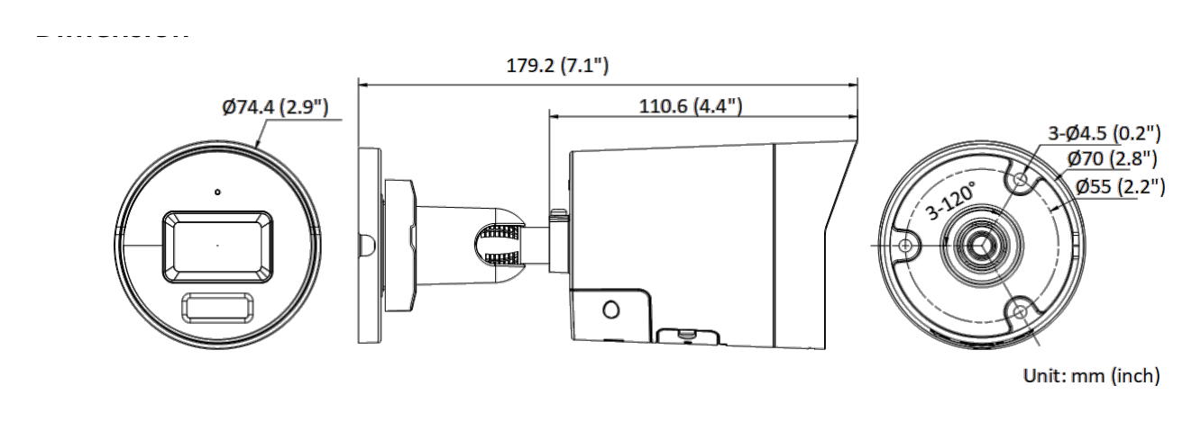 DS-2CD2026G2-IU 外形尺寸圖 Ø 74.4 mm × 179.2 mm (Ø 2.9" × 7.1")｜重量 Approx. 510 g (1.1 lb.)｜Unit: mm