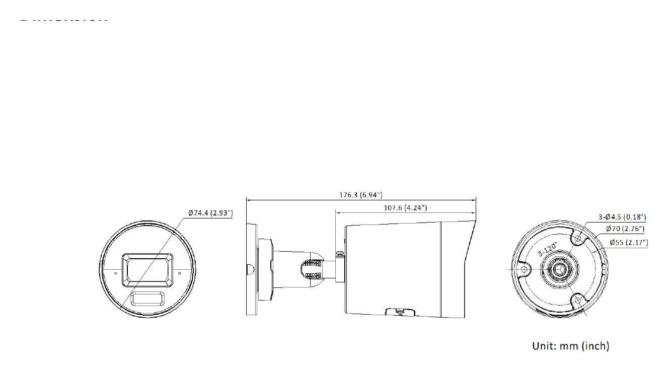 DS-2CD2043G2-LIZ2UY 外形尺寸圖 Ø 74.4 mm × 176.3 mm (Ø 2.9" × 6.9")｜重量 Approx. 515 g (1.1 lb.)｜Unit: mm