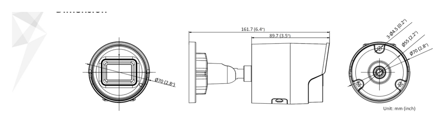 DS-2CD2046G2-IU-C 外形尺寸圖 Ø 70 mm × 161.7 mm (Ø 2.8" × 6.4")｜重量 Approx. 485 g (1.1 lb.)｜Unit: mm