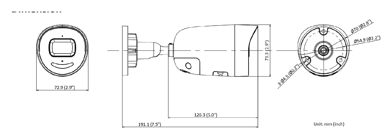 DS-2CD2046G2-IU 外形尺寸圖 72.9 mm × 73.3 mm × 191.1 mm (2.9" × 2.9" × 7.5")｜重量 Approx. 590 g (1.3 lb.)｜Unit: mm