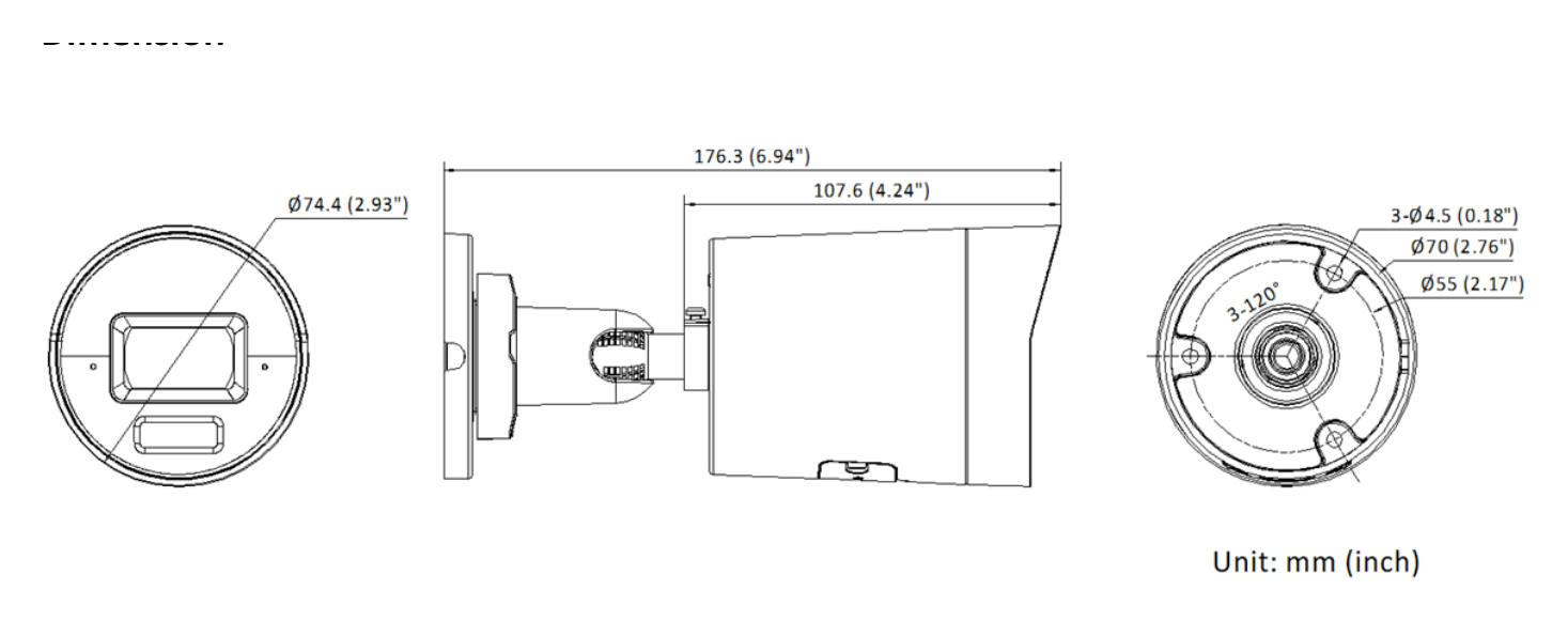 DS-2CD2046G2H-I2U 外形尺寸圖 Ø 74.4 mm × 176.3 mm (Ø 2.93" × 6.94")｜重量 Approx. 515 g (1.1 lb.)｜Unit: mm
