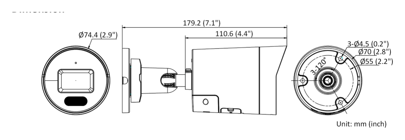 DS-2CD2047G2H-LIU 外形尺寸圖 Ø 74.4 mm × 179.2 mm (Ø 2.9" × 7.1") Package 234 mm × 120 mm × 117 mm (9.2" × 4.7" × 4.6")｜Unit: mm
