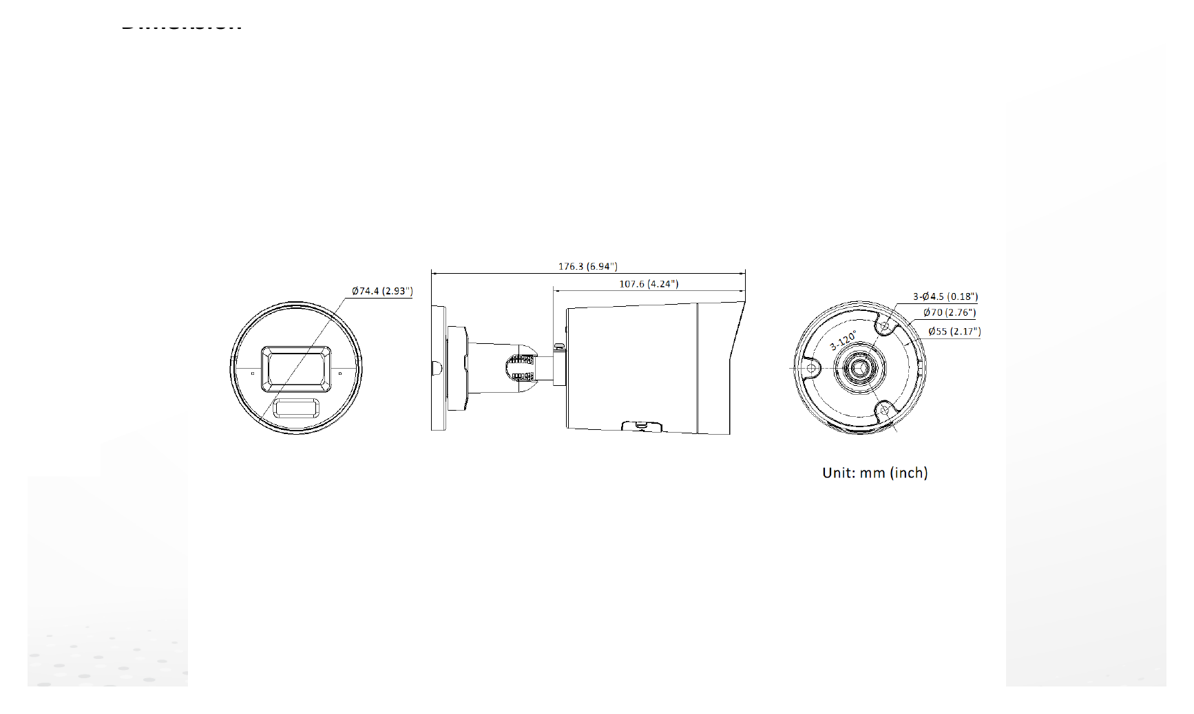 DS-2CD2047G3-LI2UYBLACK 外形尺寸圖 Ø 74.4 mm × 176.3 mm (Ø 2.93" × 6.94") Package 234 mm × 120 mm × 117 mm (9.2" × 4.7" × 4.6")｜Unit: mm
