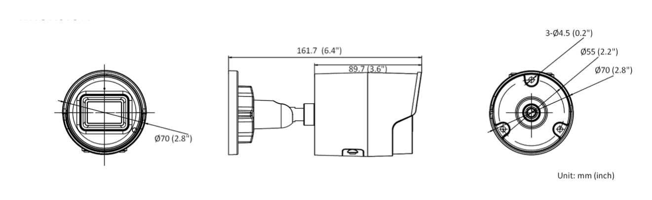 DS-2CD2063G2-IU 外形尺寸圖 Ø 70 mm × 161.7 mm (Ø 2.8" × 6.4")｜重量 Approx. 485 g (1.1 lb.)｜Unit: mm