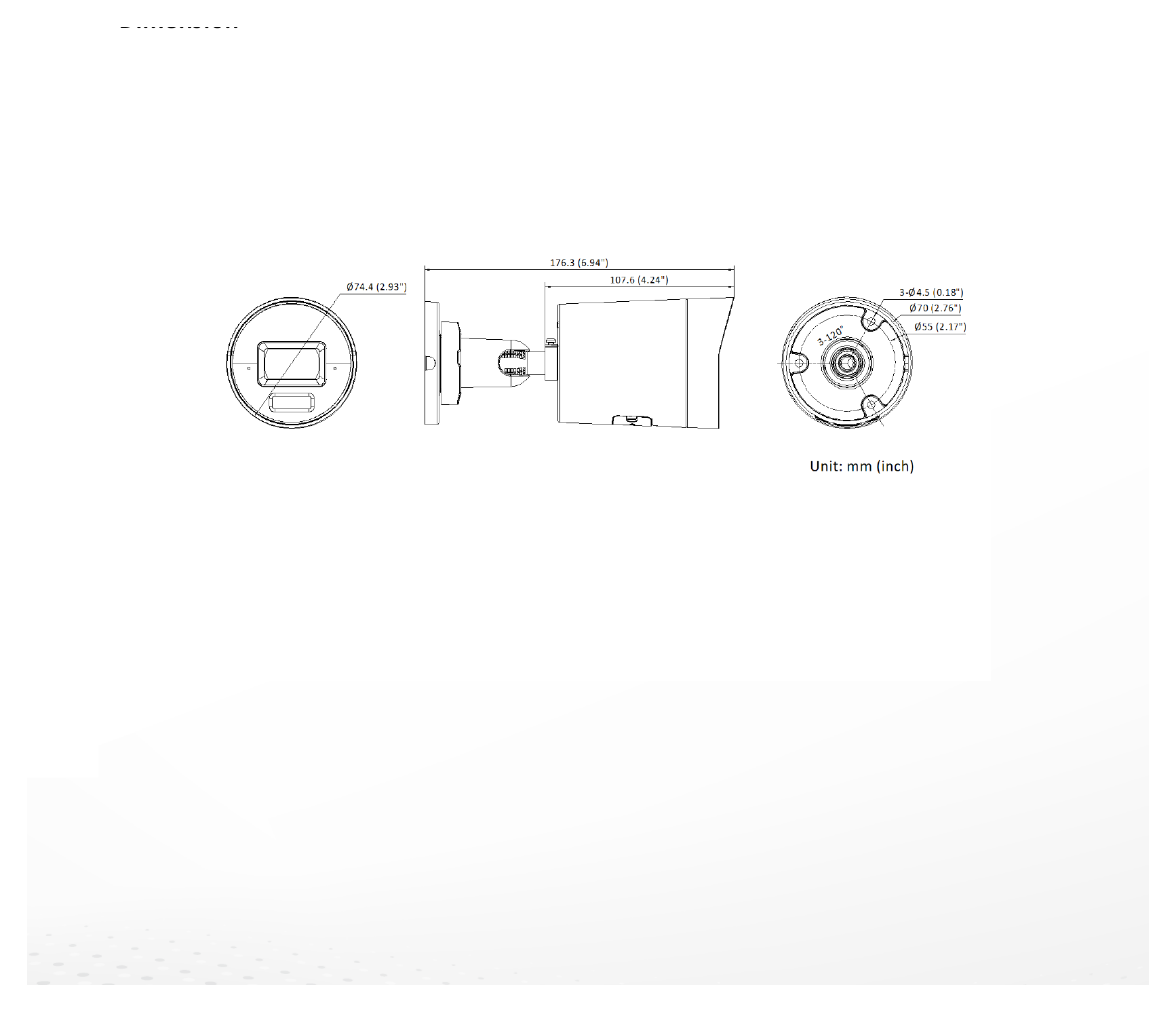 DS-2CD2063G2-LI2U 外形尺寸圖 Ø 74.4 mm × 176.3 mm (Ø 2.93" × 6.94")｜重量 Approx. 515 g (1.1 lb.)｜Unit: mm