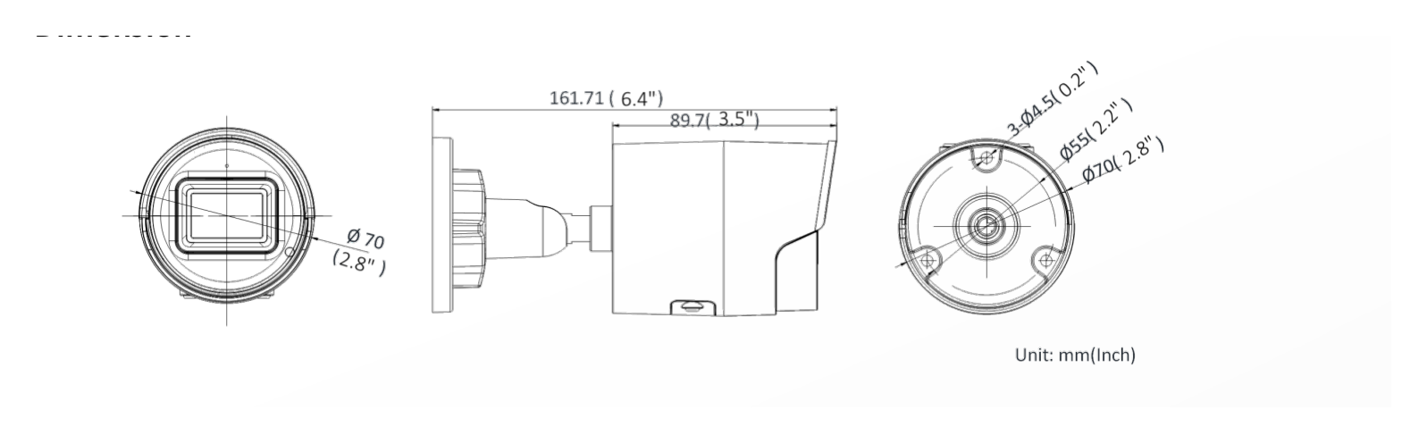 DS-2CD2066G2-IU-C 外形尺寸圖 Ø 70 mm × 161.7 mm (Ø 2.8" × 6.4") Package 216 mm × 121 mm × 118 mm (8.5" × 4.8" × 4.6")｜Unit: mm