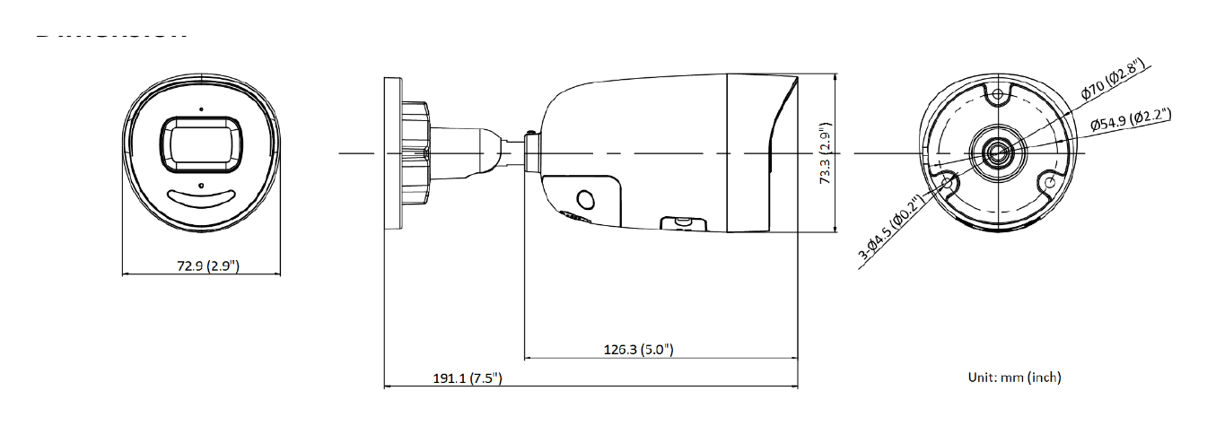 DS-2CD2066G2-IU/SL 外形尺寸圖 72.9 mm × 73.3 × 191.1 mm (2.9" × 2.9" × 7.5")｜重量 Approx. 580 g (1.3 lb.)｜Unit: mm