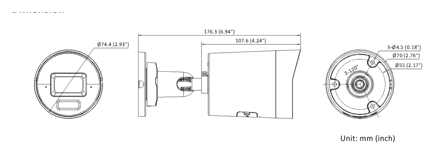 DS-2CD2066G2H-I2U 外形尺寸圖 Ø 74.4 mm × 176.3 mm (Ø 2.93" × 6.94")｜重量 Approx. 505 g (1.1 lb.)｜Unit: mm