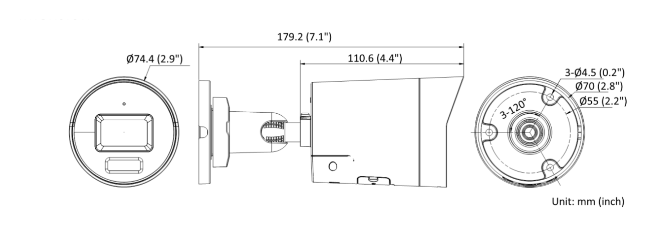 DS-2CD2067G2-L(U) 外形尺寸圖 Ø 74.4 mm × 179.2 mm (Ø 2.9" × 7.1")｜重量 Approx. 520 g (1.1 lb.)｜Unit: mm