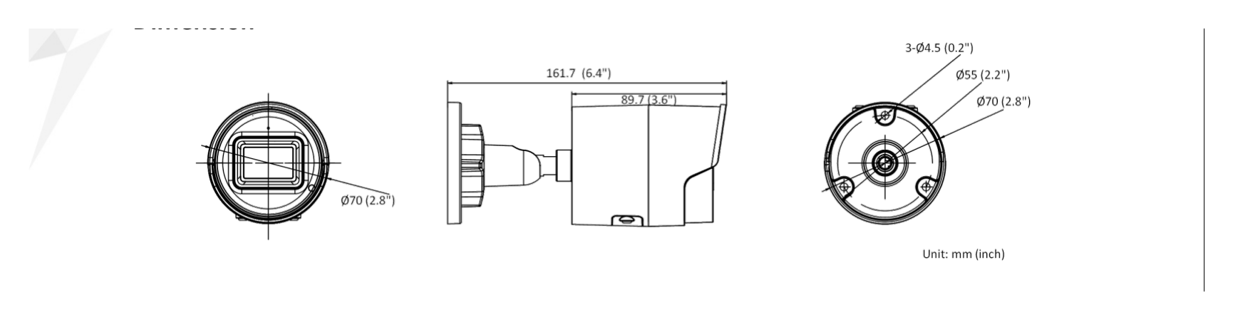 DS-2CD2083G2-IU 外形尺寸圖 Ø 70 mm × 161.7 mm (Ø 2.8" × 6.4")｜重量 Approx. 495 g (1.1 lb.)｜Unit: mm