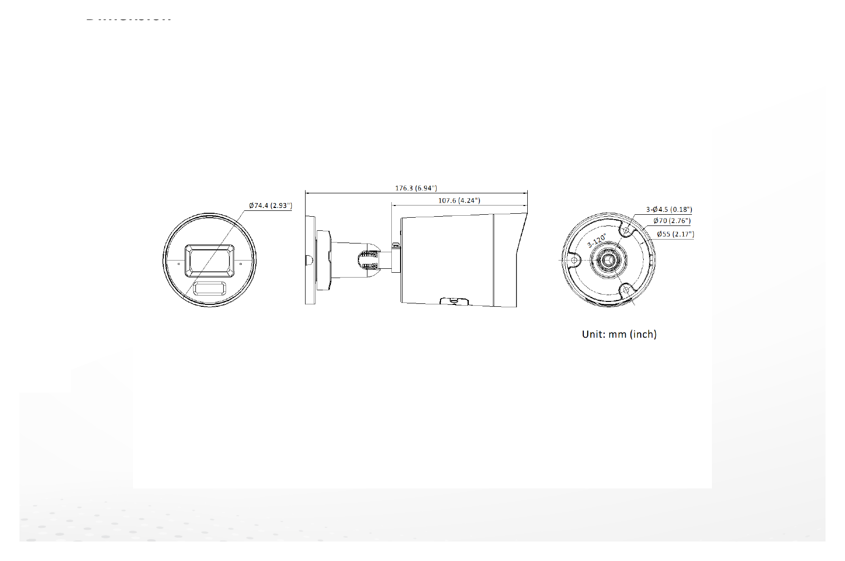 DS-2CD2083G2-LI2U 外形尺寸圖 Ø 74.4 mm × 176.3 mm (Ø 2.93" × 6.94")｜重量 Approx. 515 g (1.1 lb.)｜Unit: mm