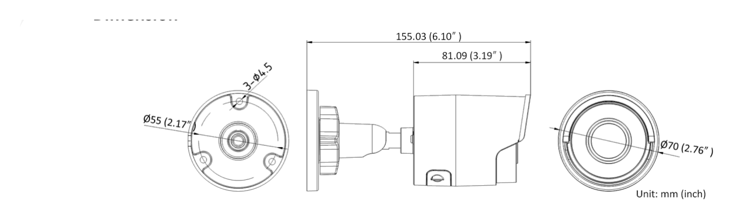 DS-2CD2085FWD-I 外形尺寸圖 Ø70 × 155.03 mm (Ø2.76″ × 6.1″)｜重量 410 g (0.9 lb.) -30 °C to 60 °C (-22 °F to 140 °F). Humidity 95% or less (non-condens