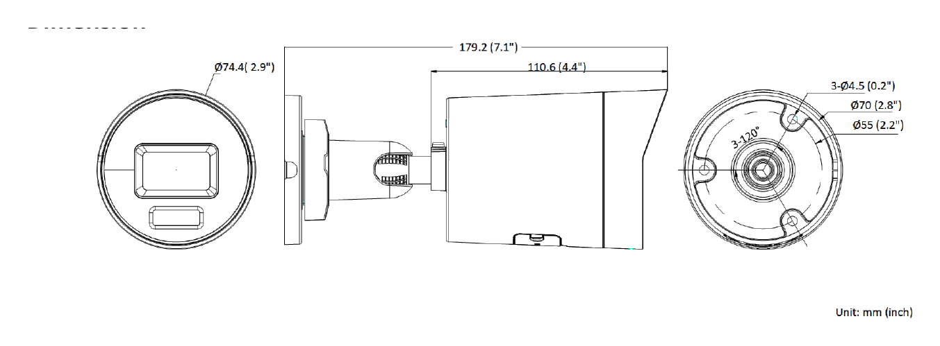 DS-2CD2086G2H-IU 外形尺寸圖 Ø 74.4 mm × 179.2 mm (Ø 2.9" × 7.1")｜重量 Approx. 525 g (1.2 lb.)｜Unit: mm