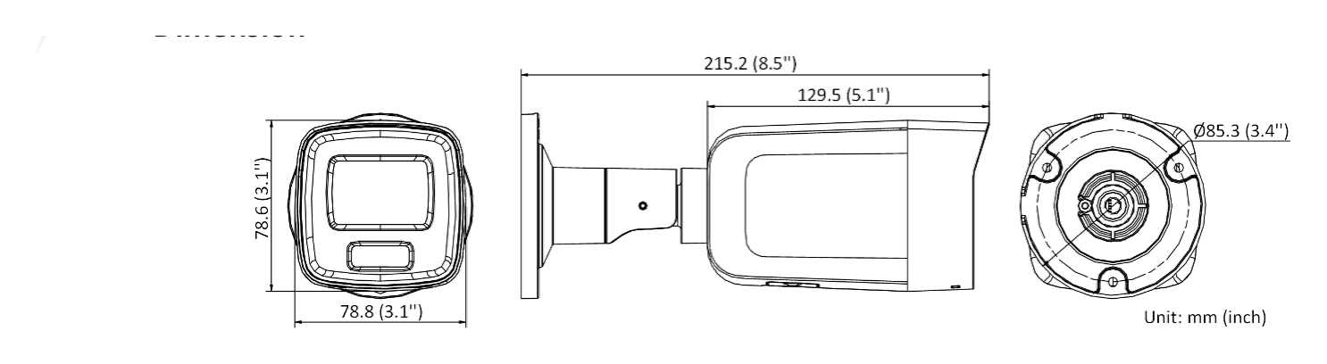 DS-2CD2087G2-LU-C 外形尺寸圖 78.8 × 78.6 × 215.2 mm (3.1" × 3.1" × 8.5'')｜重量 Approx. 850 g (1.9 lb.)｜Unit: mm