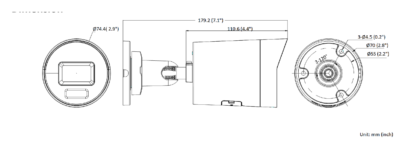DS-2CD2087G2-LUK-D 外形尺寸圖 Ø 74.4 mm × 179.2 mm (Ø 2.9" × 7.1") 12 VDC ± 25%, 0.69 A, max. 8.5 W, Ø 5.5 mm coaxial power plug, reverse polarity｜重量