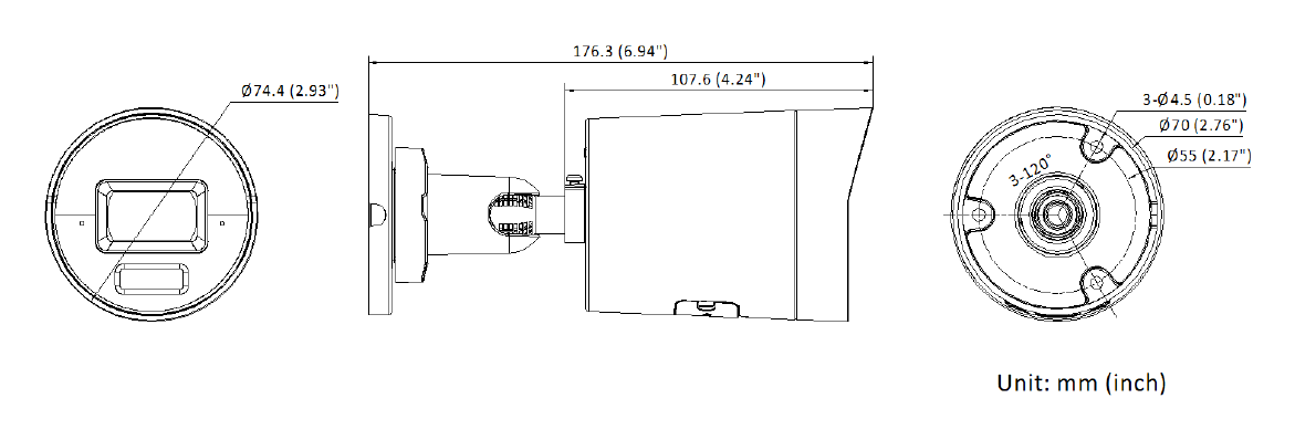 DS-2CD2087G3-LI2UY 外形尺寸圖 Ø 74.4 mm × 176.3 mm (Ø 2.93" × 6.94") Package 234 mm × 120 mm × 117 mm (9.2" × 4.7" × 4.6")｜Unit: mm