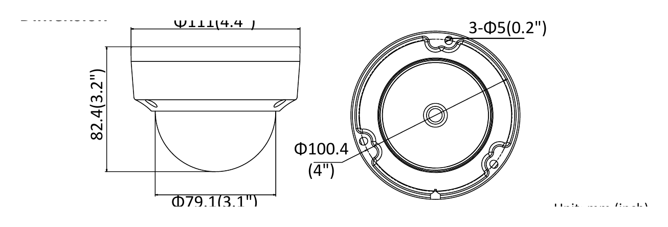 DS-2CD2123G0-I(S) 外形尺寸圖 Φ111(4.4") 3-Φ5(0.2") 82.4(3.2") Φ100.4 (4")｜Unit: mm