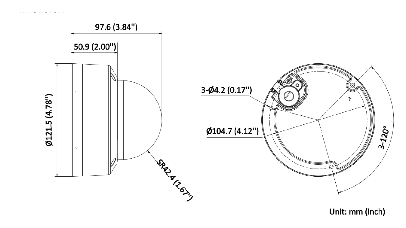 DS-2CD2123G2-LIS2U 外形尺寸圖 Ø 121.5 mm × 97.6 mm (Ø 4.78" × 3.84")｜重量 Approx. 600 g (1.3 lb.)｜Unit: mm