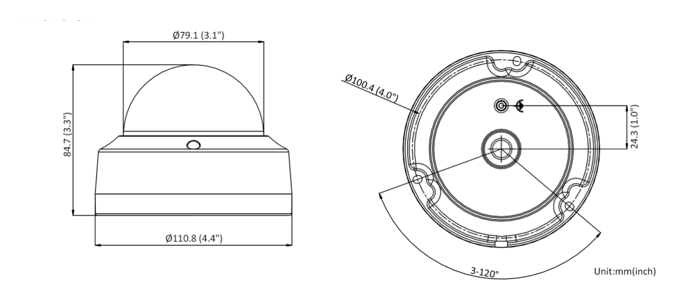 DS-2CD2126G2-I-D 外形尺寸圖 Ø110.8 × 84.7 mm (Ø4.4″ × 3.3″)｜重量 Approx. 550 g (1.2 lb.)｜Unit: mm