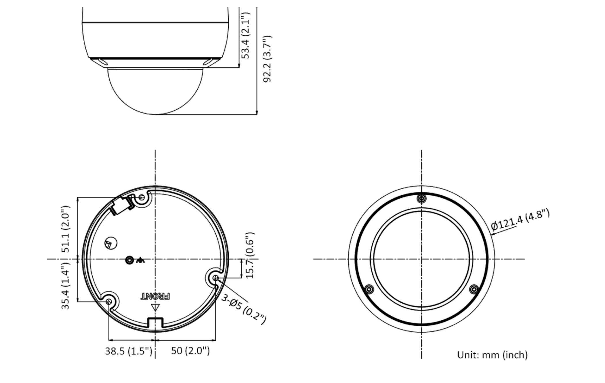 DS-2CD2143G2-IU 外形尺寸圖 Ø121.4 × 92.2 mm（Ø4.8″ × 3.7″）｜重量約 570 g｜Unit: mm (inch)