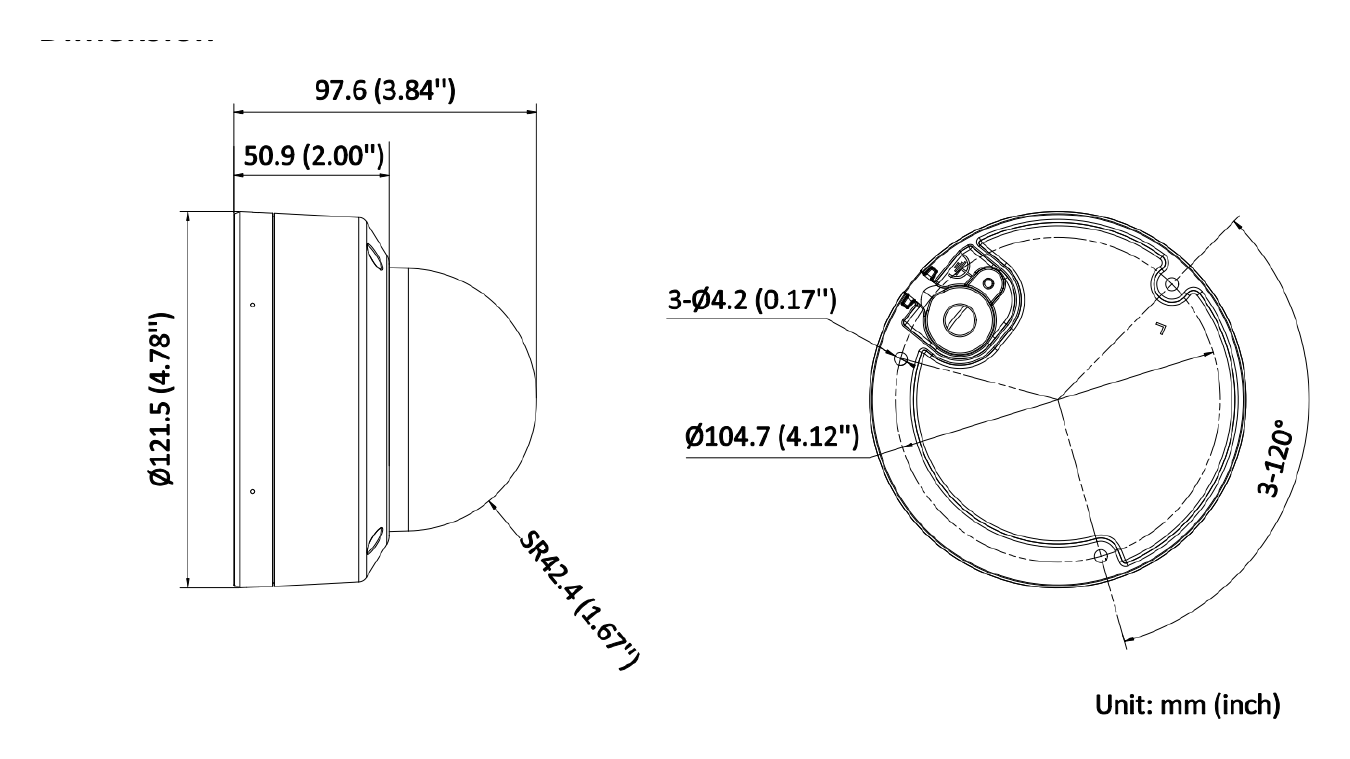DS-2CD2143G2-LI(S)(2U) 外形尺寸圖 Ø 121.5 mm × 97.6 mm (Ø 4.78" × 3.84")｜重量 Approx. 600 g (1.3 lb.)