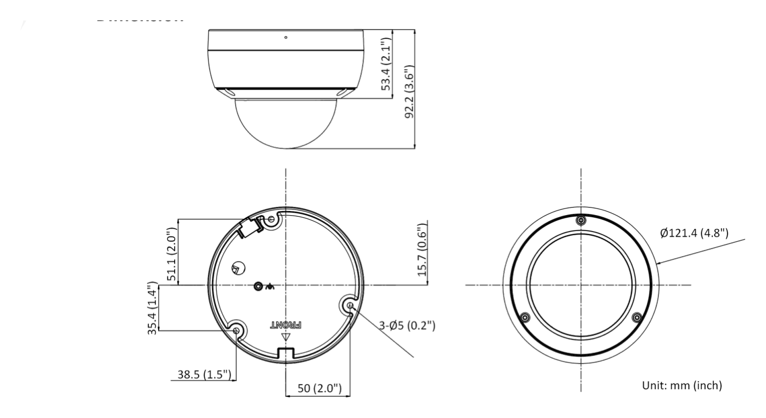 DS-2CD2146G2-ISU-C 外形尺寸圖 Ø 121.4 mm × 92.2 mm (Ø 4.8" × 3.6")｜重量 Approx. 580 g (1.3 lb.)｜Unit: mm
