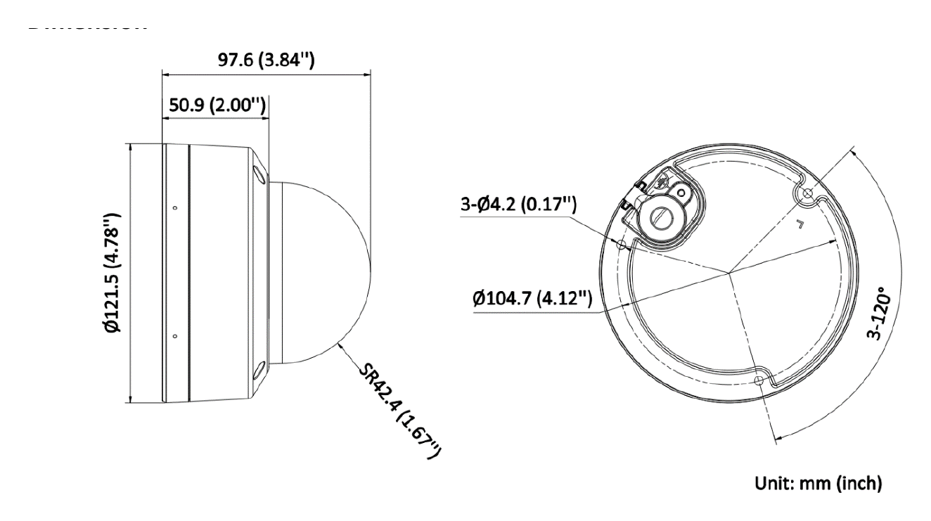 DS-2CD2146G2H-ISU 外形尺寸圖 Ø 121.5 mm × 97.6 mm (Ø 4.8" × 3.8")｜重量 Approx. 550 g (1.2 lb.)｜Unit: mm