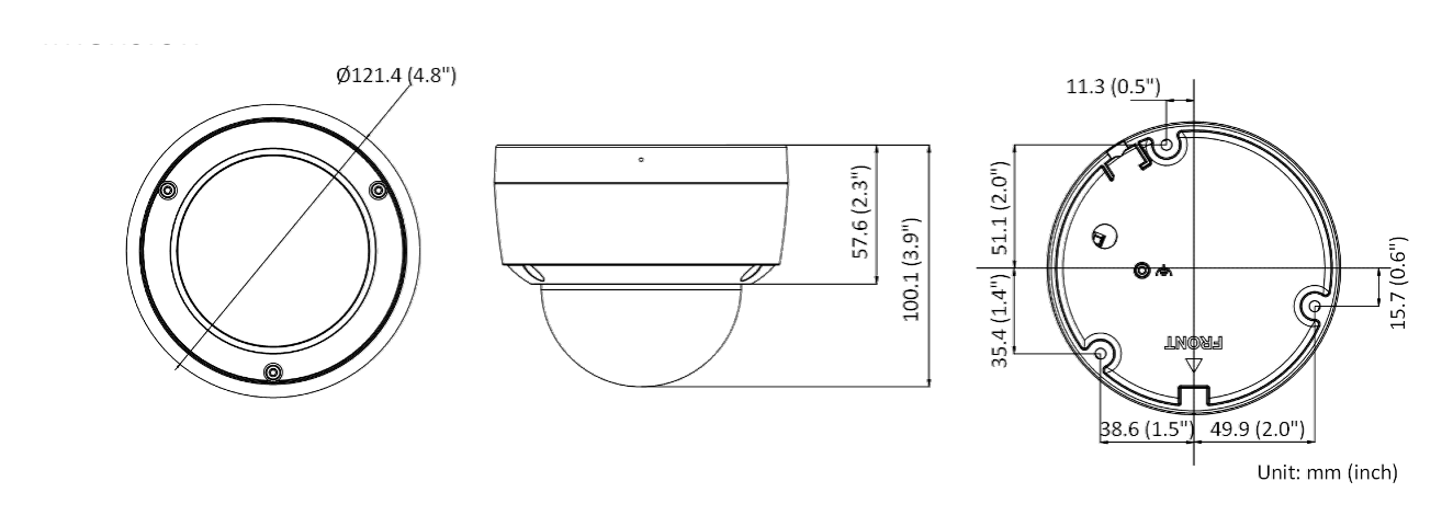 DS-2CD2147G2-LSU-C 外形尺寸圖 Ø 121.4 mm × 100.1 mm (Ø 4.8" × 3.9")｜重量 Approx. 600 g (1.3 lb.)｜Unit: mm