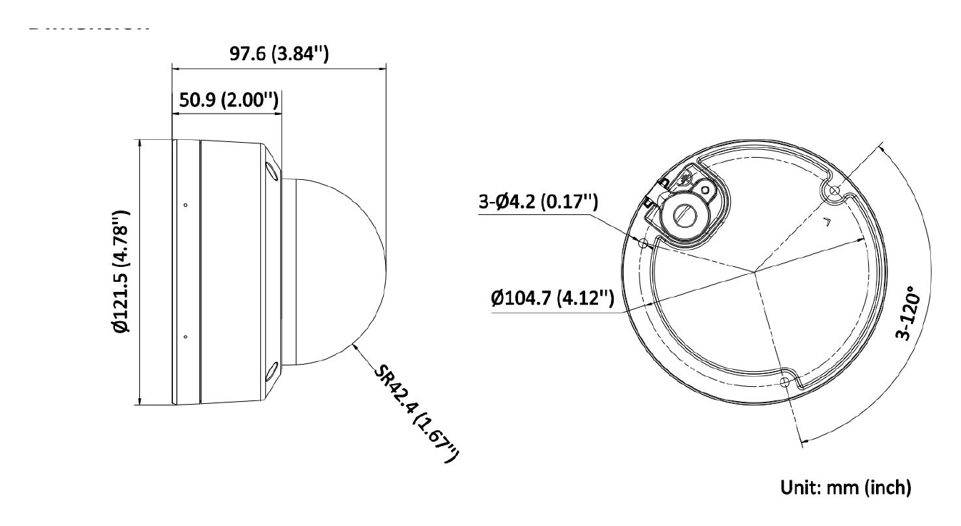 DS-2CD2147G2H-LISU 外形尺寸圖 Ø 121.5 mm × 97.6 mm (Ø 4.78" × 3.84")｜重量 Approx. 525 g (1.2 lb.)｜Unit: mm