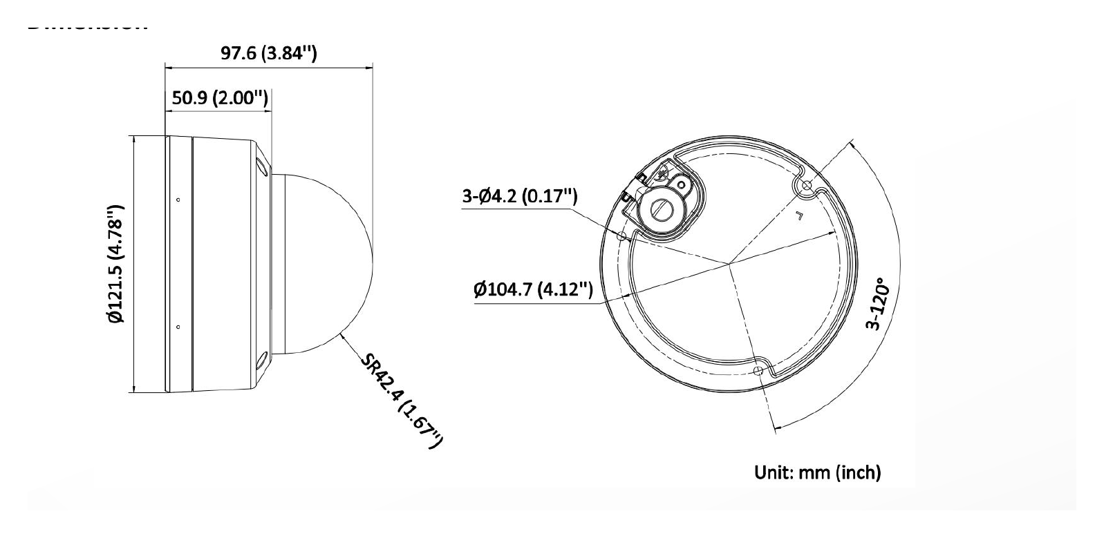 DS-2CD2147G3-LIS2UY 外形尺寸圖 Ø 121.5 mm × 97.6 mm (Ø 4.78" × 3.84")｜重量 Approx. 600 g (1.3 lb.)｜Unit: mm