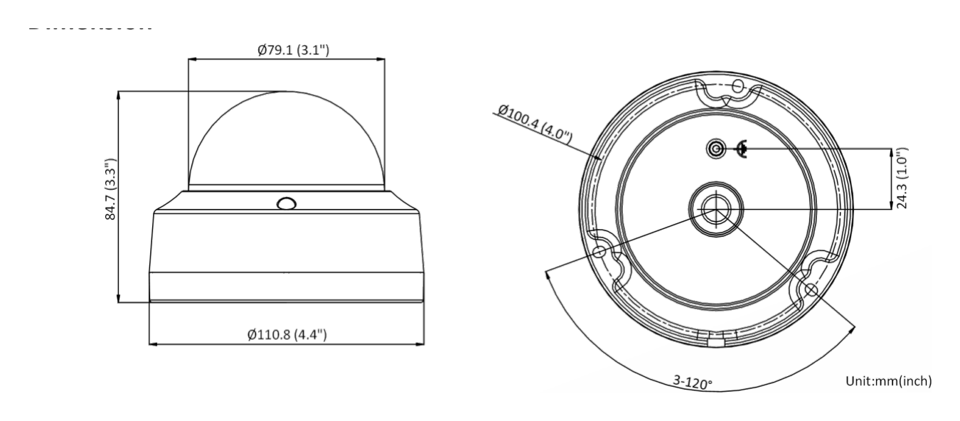 DS-2CD2163G2-IS 外形尺寸圖 Ø 110.8 mm × 84.7 mm (Ø 4.4" × 3.3") Package 134 mm × 134 mm × 108 mm (5.3" × 5.3" × 4.3")｜Unit: mm