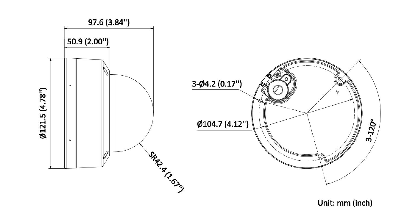DS-2CD2166G2H-ISU 外形尺寸圖 Ø 121.5 mm × 97.6 mm (Ø 4.78" × 3.84")｜重量 Approx. 525 g (1.2 lb.)｜Unit: mm