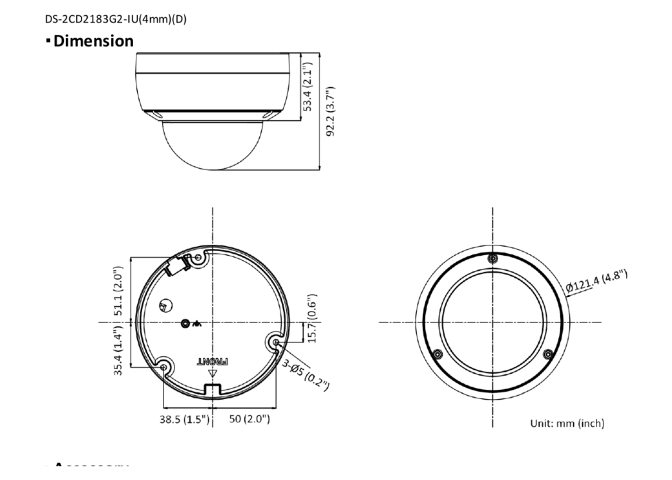 DS-2CD2183G2-IU 外形尺寸圖 Ø 121.4 mm × 92.2 mm (Ø 4.8" × 3.6")｜重量 Approx. 550 g (1.2 lb.)
