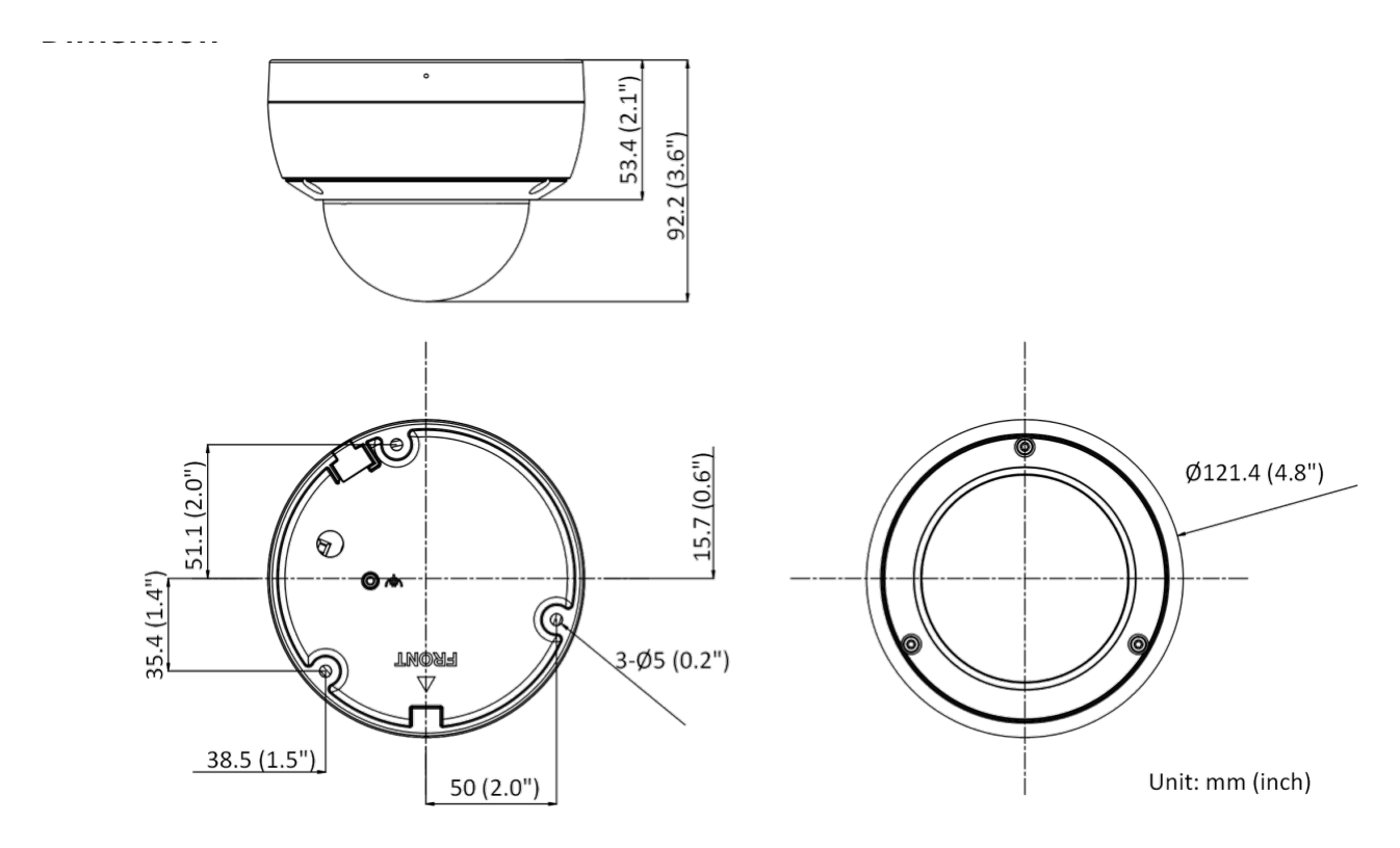 DS-2CD2186G2-ISU-C 外形尺寸圖 Ø 121.4 mm × 92.2 mm (Ø 4.8" × 3.6")｜重量 Approx. 590 g (1.3 lb.)｜Unit: mm