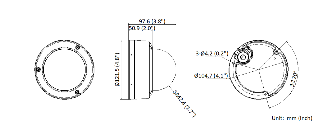 DS-2CD2187G2-LSU 外形尺寸圖 Ø 121.5 mm × 97.6 mm (Ø 4.8" × 3.8")｜重量 Approx. 540 g (1.2 lb.)｜Unit: mm