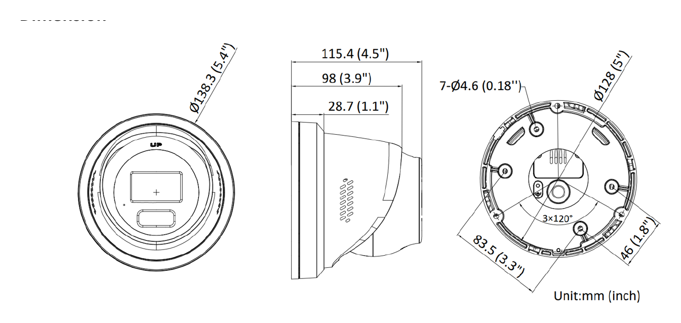 DS-2CD2326G2-ISU 外形尺寸圖 Ø 138.3 mm × 115.4 mm (Ø 5.4" × 4.5")｜重量 Approx. 780 g (1.7 lb.)｜Unit: mm