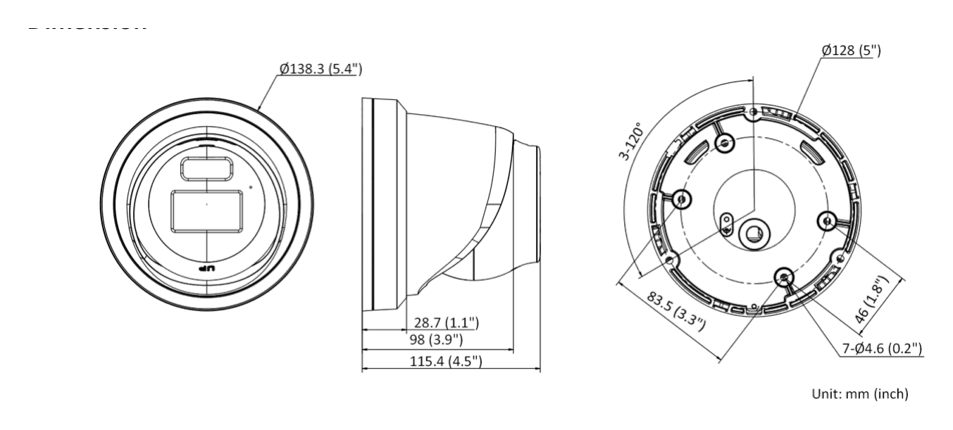 DS-2CD2327G2-LU-C 外形尺寸圖 Ø 138.3 mm × 115.4 mm (Ø 5.4" × 4.5")｜重量 Approx. 770 g (1.7 lb.)｜Unit: mm