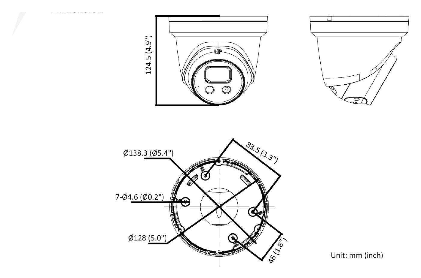DS-2CD2346G2-ISU 外形尺寸圖 Ø 138.3 mm × 124.5 mm (Ø 5.4" × 4.9")｜重量 Approx. 825 g (1.8 lb.)｜Unit: mm