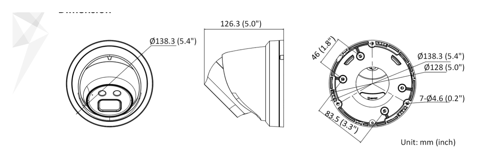 DS-2CD2346G2-IU-C 外形尺寸圖 Ø 138.3 mm × 126.3 mm (Ø 5.4" × 5.0")｜重量 Approx. 730 g (1.6 lb.)｜Unit: mm