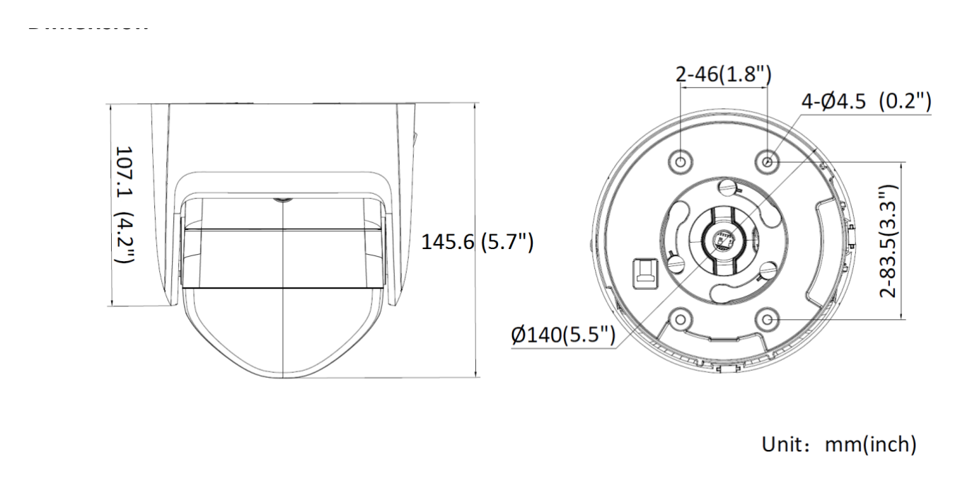 DS-2CD2346G2P-ISU 外形尺寸圖 Ø 140 mm × 145.6 mm (Ø 5.5" × 5.7")｜重量 Approx. 940 g (2.1 lb.)｜Unit: mm
