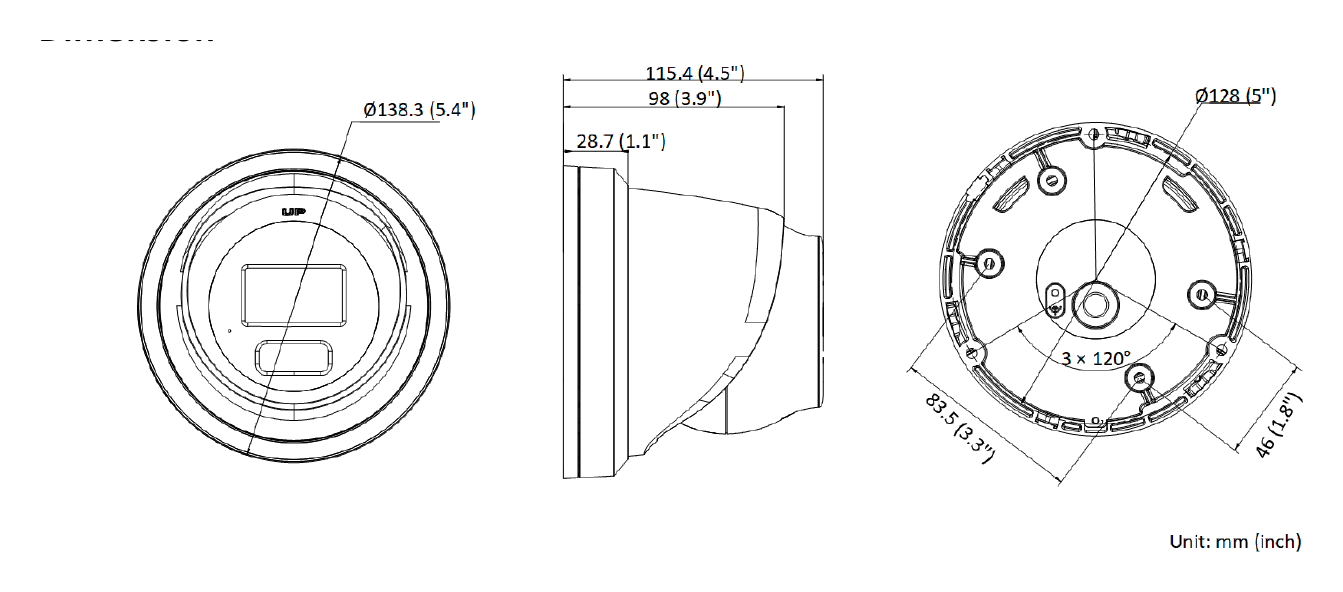 DS-2CD2346G3-IZ(2U)Y 外形尺寸圖 Ø 138.3 mm × 115.4 mm (Ø 5.4" × 4.5")｜重量 Approx. 550 g (1.2 lb.)｜Unit: mm