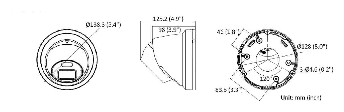 DS-2CD2347G2-LU-C 外形尺寸圖 Ø 138.3 mm × 125.2 mm (Ø 5.4" × 4.9")｜重量 Approx. 750 g (1.7 lb.)｜Unit: mm