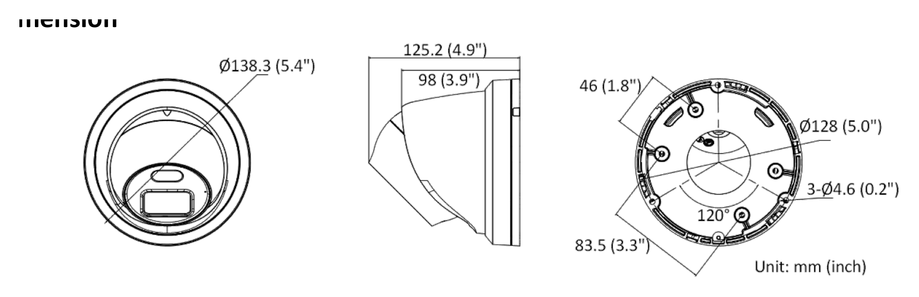 DS-2CD2347G2-LU 外形尺寸圖 Ø138.3 × 125.2 mm（Ø5.4″ × 4.9″）｜重量約 750 g｜Unit: mm (inch)