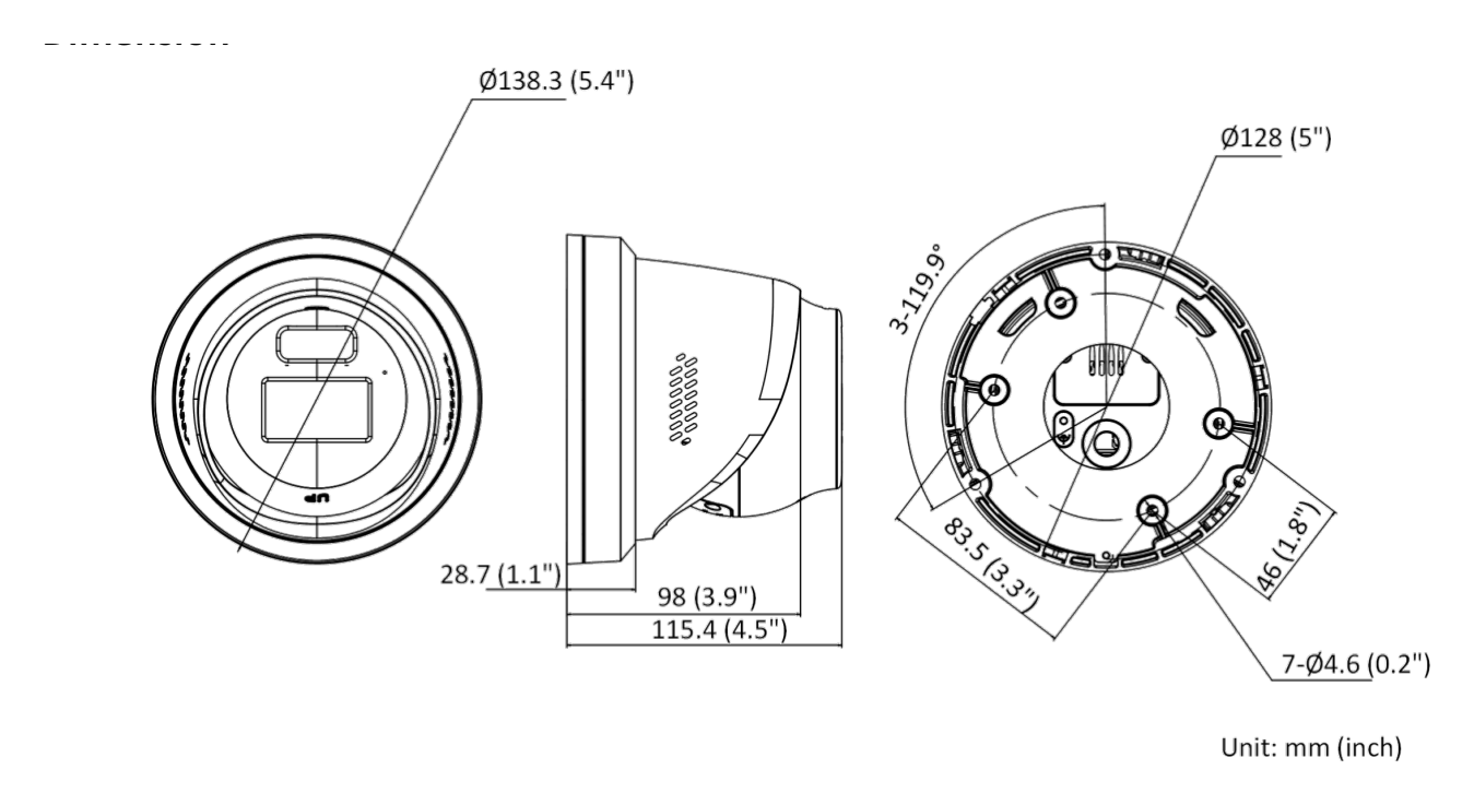 DS-2CD2347G2H-LISU 外形尺寸圖 Ø 138.3 mm × 115.4 mm (Ø 5.4" × 4.5")｜重量 Approx. 820 g (1.8 lb.)｜Unit: mm